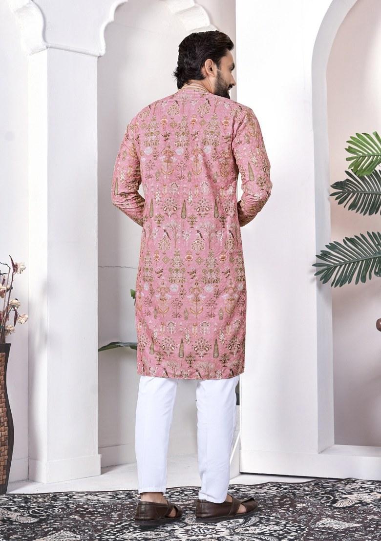Peach Printed Cotton Kurta For Men - Indya