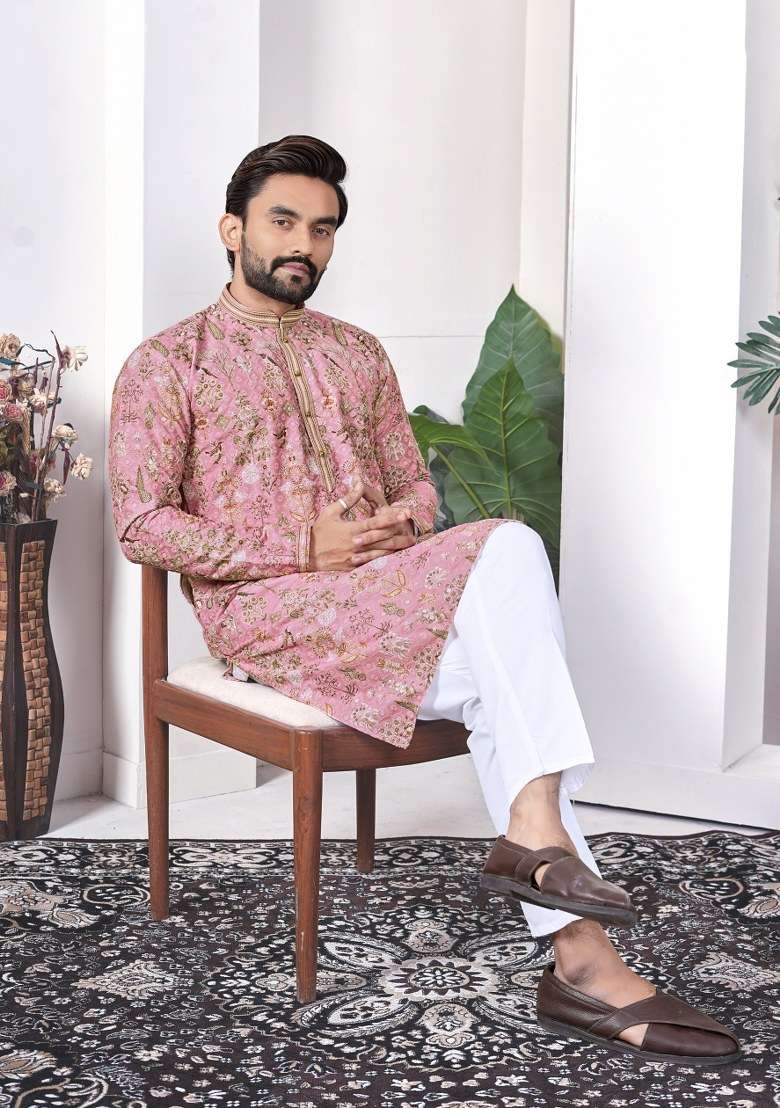 Peach Printed Cotton Kurta For Men - Indya