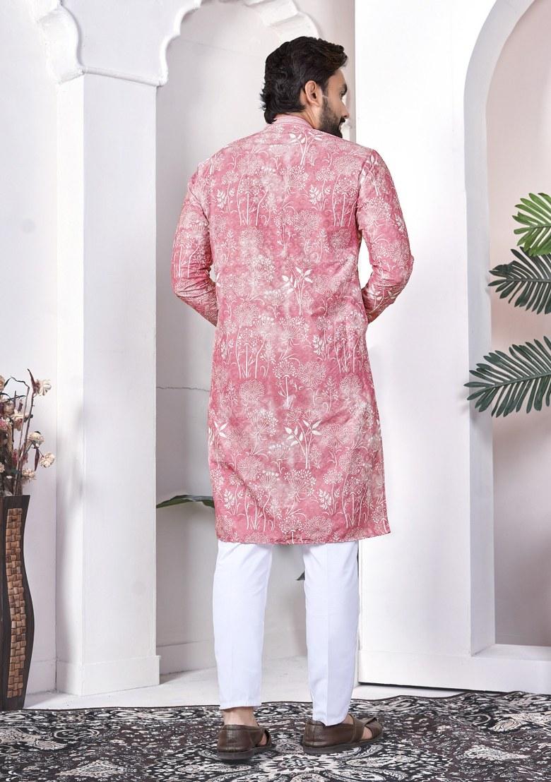 Pink Printed Cotton Kurta For Men - Indya