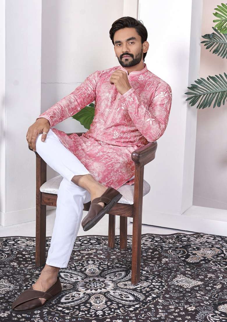 Pink Printed Cotton Kurta For Men - Indya