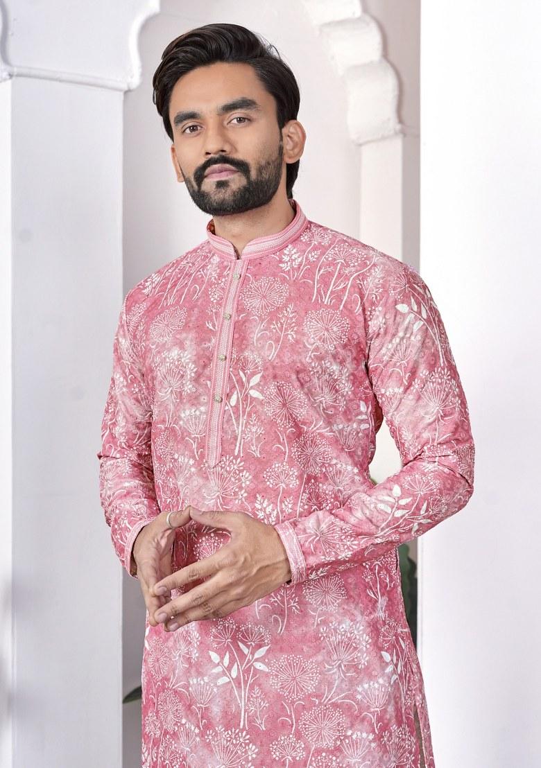 Pink Printed Cotton Kurta For Men - Indya