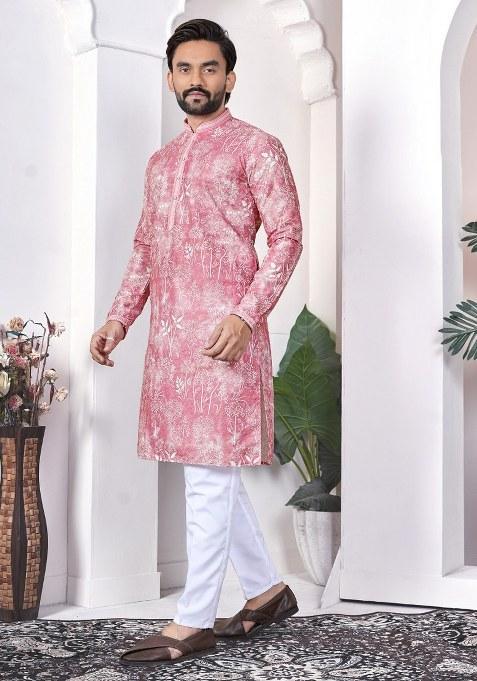 Pink Printed Cotton Kurta For Men