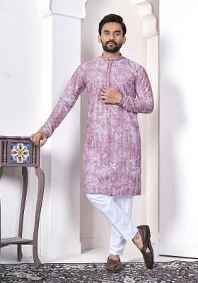 Purple Printed Cotton Kurta For Men