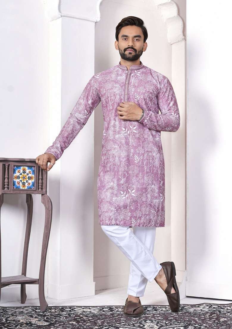 Purple Printed Cotton Kurta For Men - Indya