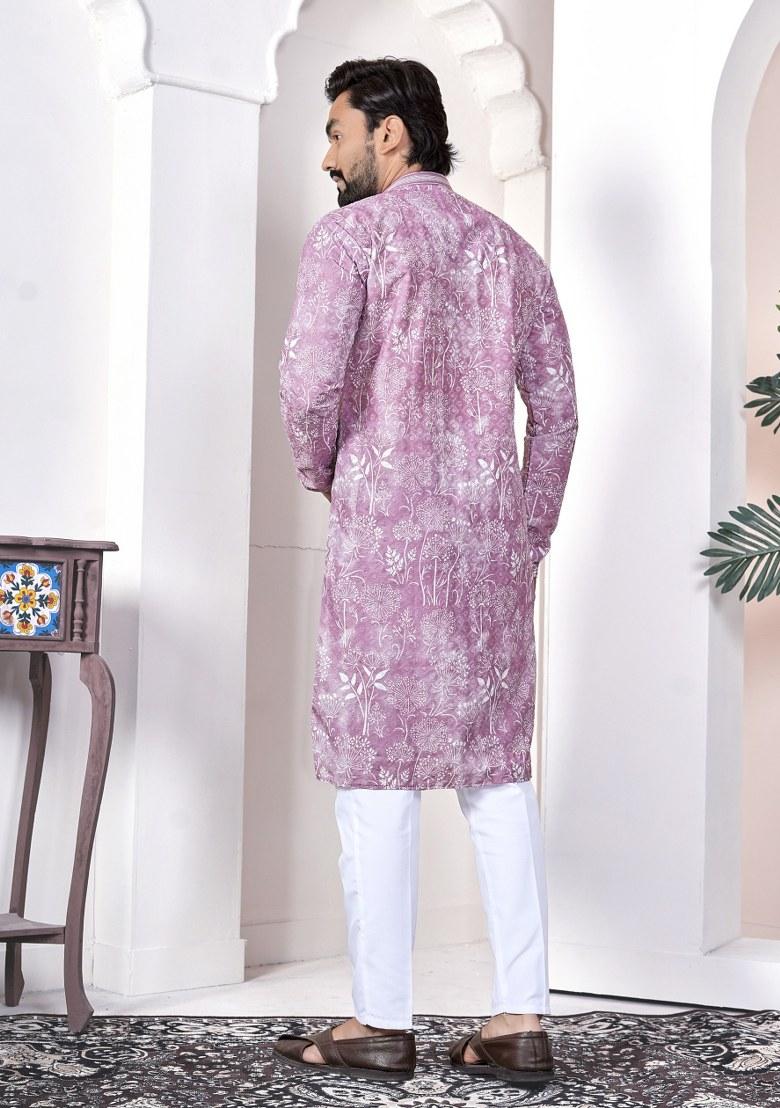 Purple Printed Cotton Kurta For Men - Indya
