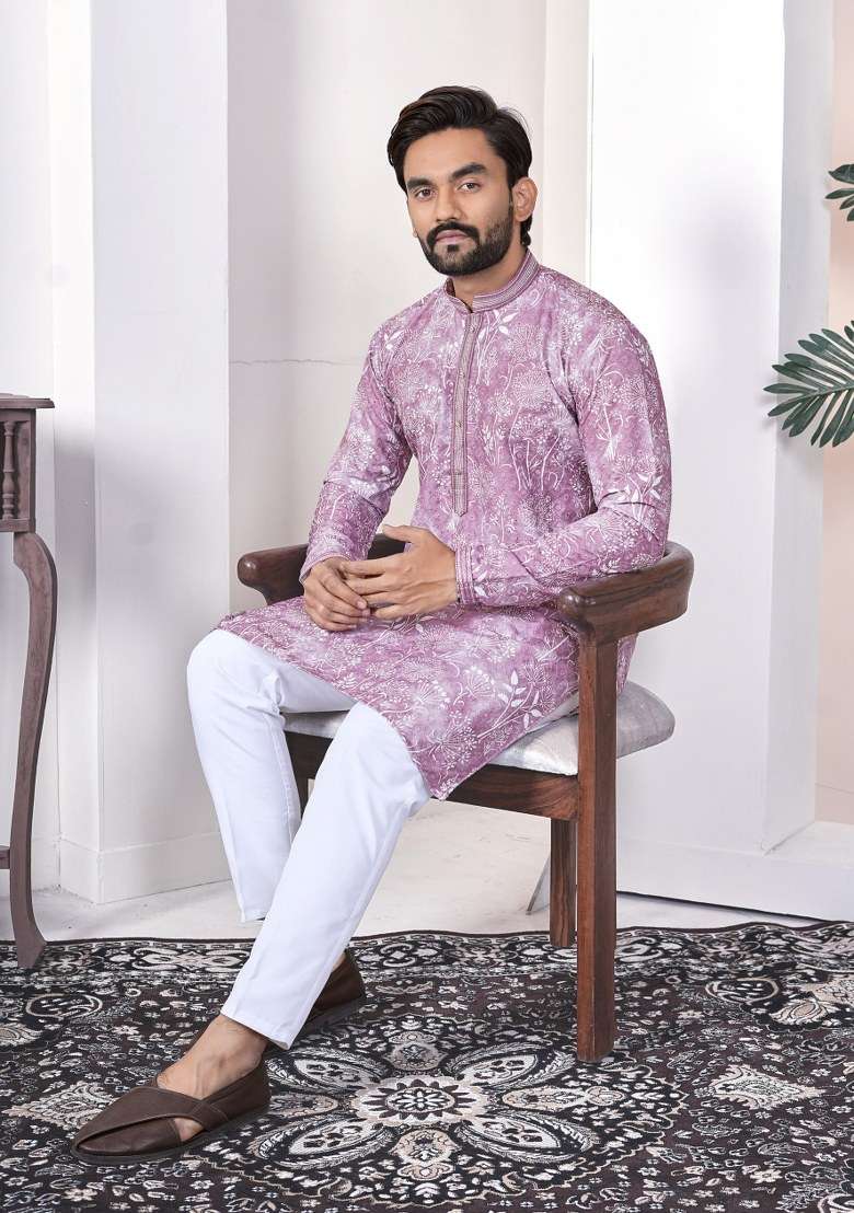 Purple Printed Cotton Kurta For Men - Indya