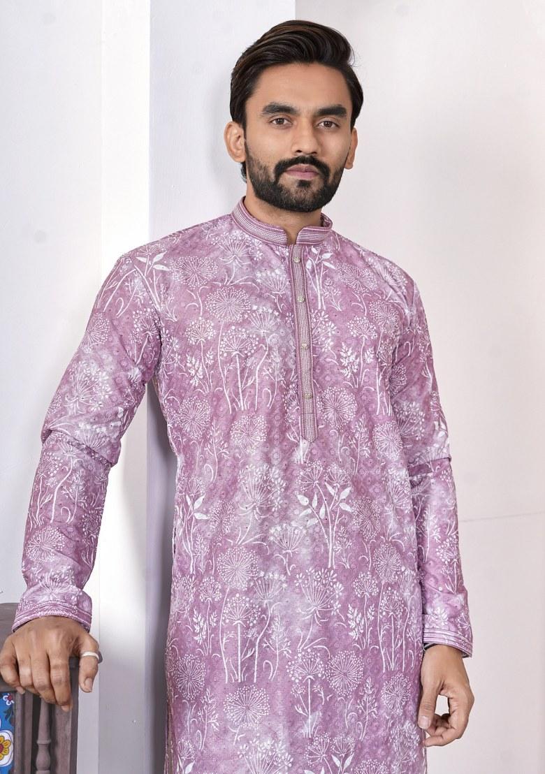 Purple Printed Cotton Kurta For Men - Indya