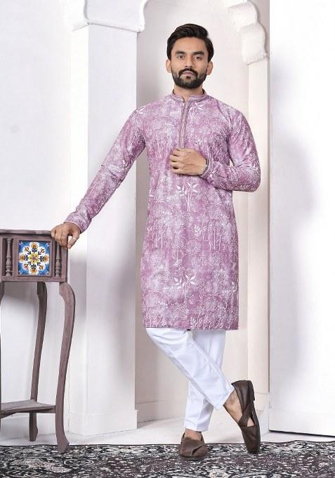 Purple Printed Cotton Kurta For Men