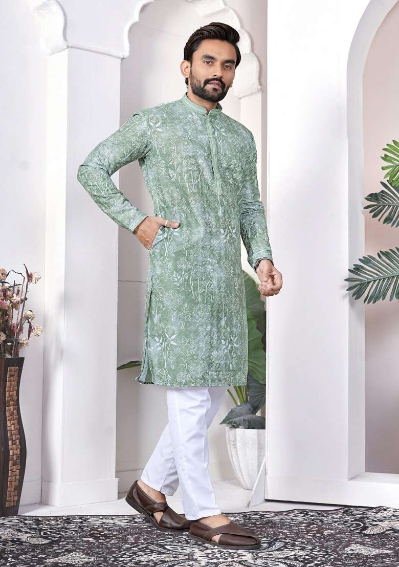 Sea Green Printed Cotton Kurta For Men - Indya