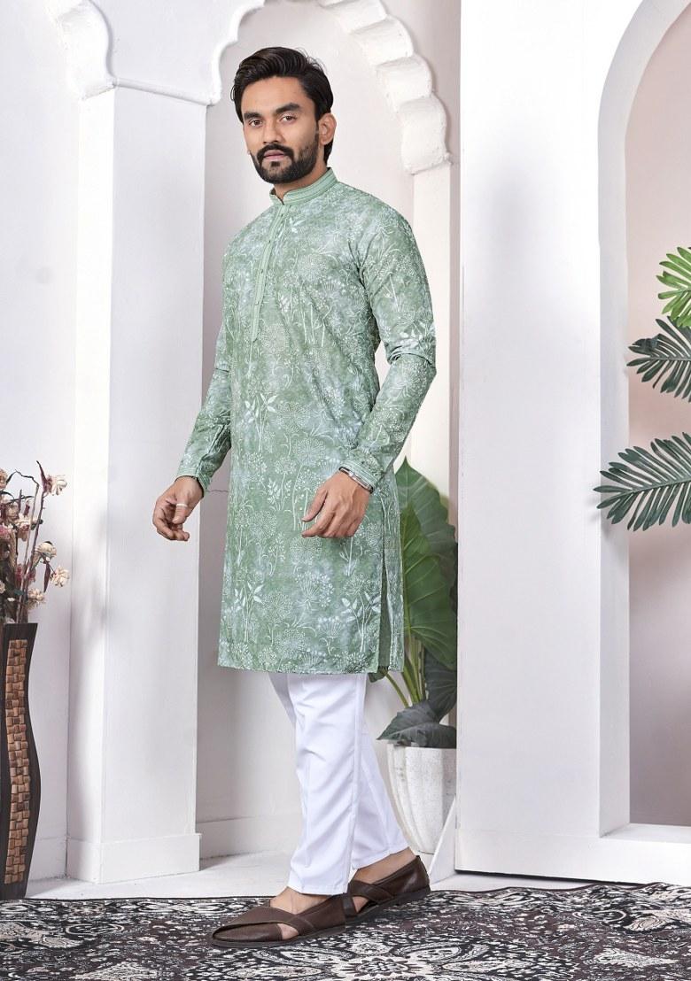 Sea Green Printed Cotton Kurta For Men - Indya
