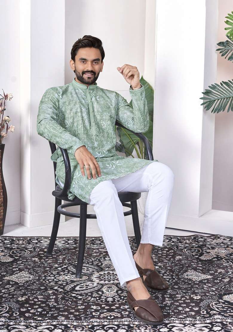 Sea Green Printed Cotton Kurta For Men - Indya
