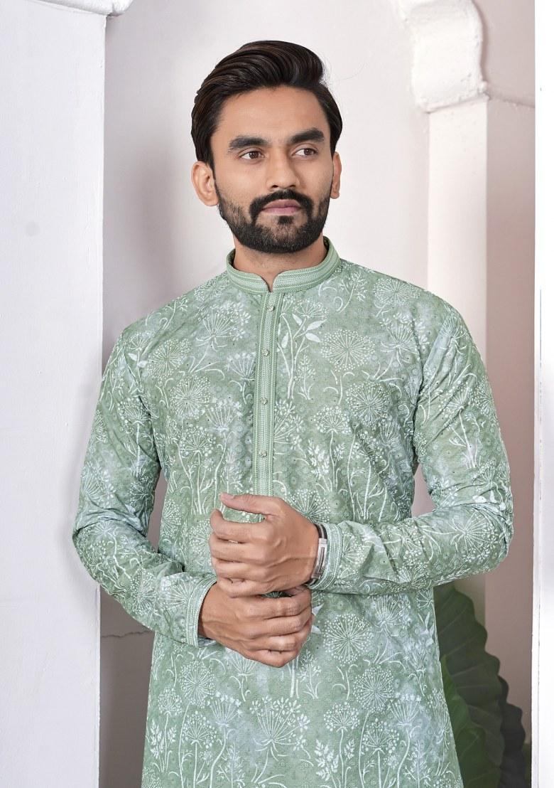 Sea Green Printed Cotton Kurta For Men - Indya