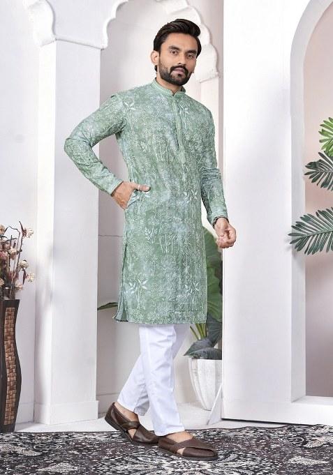 Sea Green Printed Cotton Kurta For Men