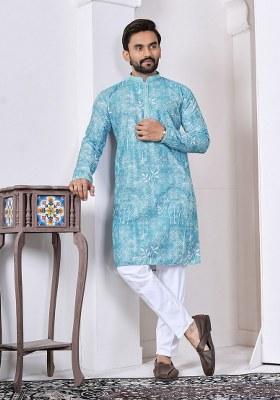 Turquoise Printed Cotton Kurta For Men