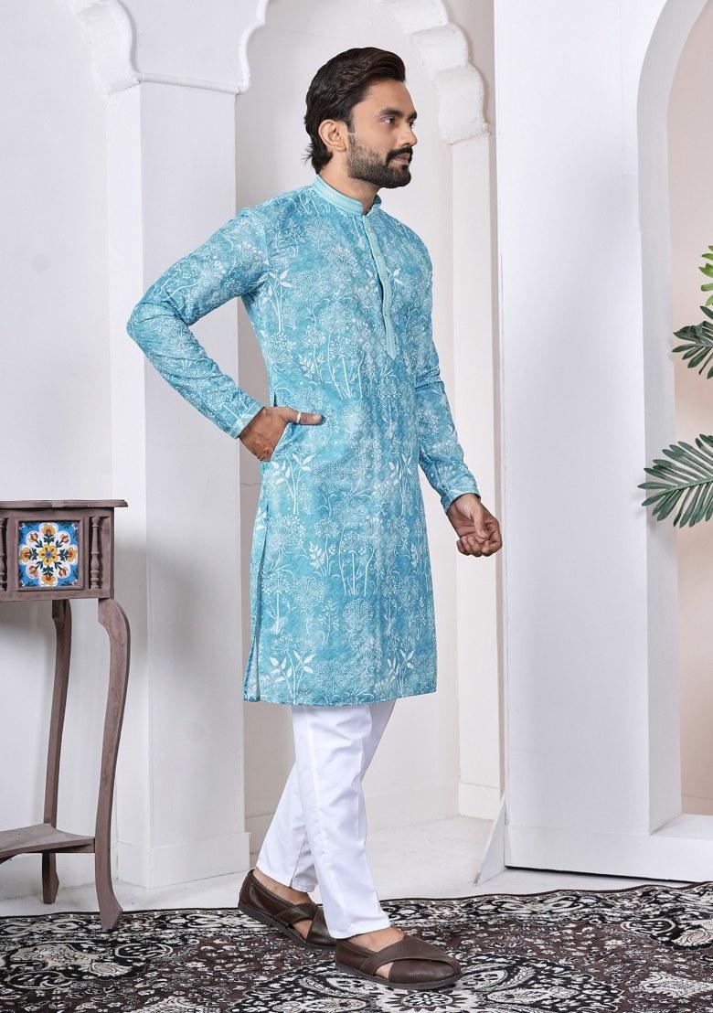 Turquoise Printed Cotton Kurta For Men - Indya