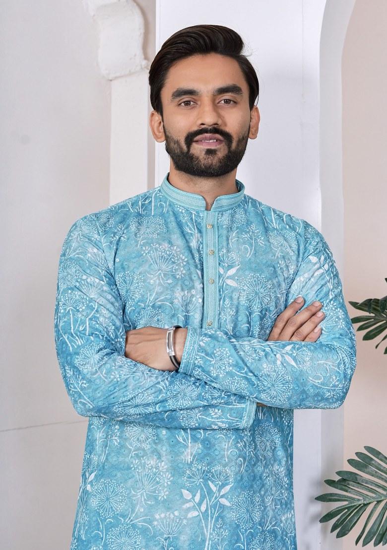 Turquoise Printed Cotton Kurta For Men - Indya