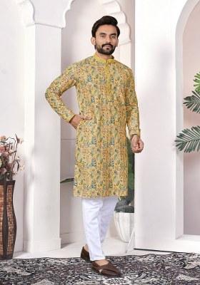 Yellow Printed Cotton Kurta For Men
