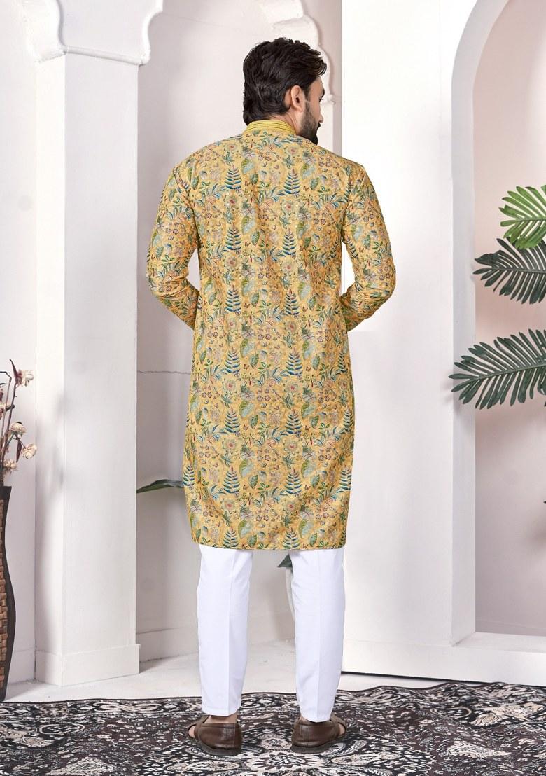 Yellow Printed Cotton Kurta For Men - Indya