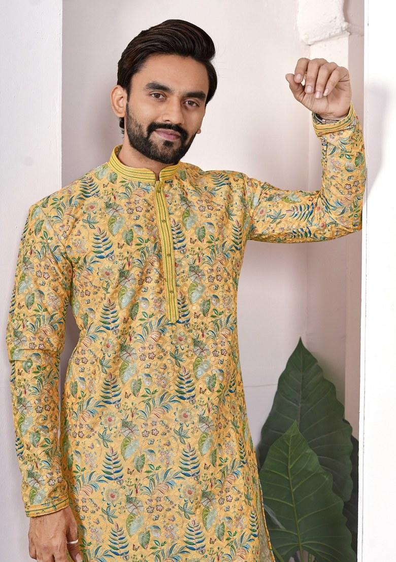Yellow Printed Cotton Kurta For Men - Indya