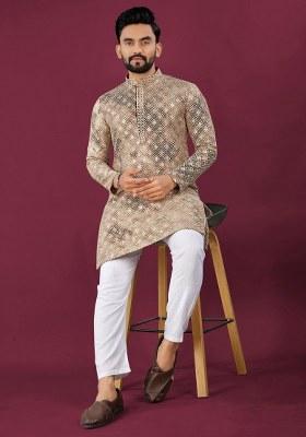Beige Printed Viscose Rayon Kurta For Men