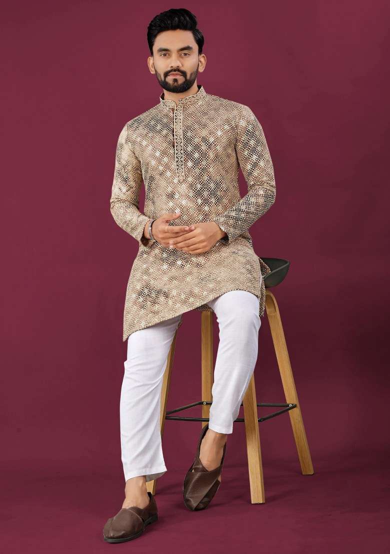 Beige Printed Viscose Rayon Kurta For Men - Indya