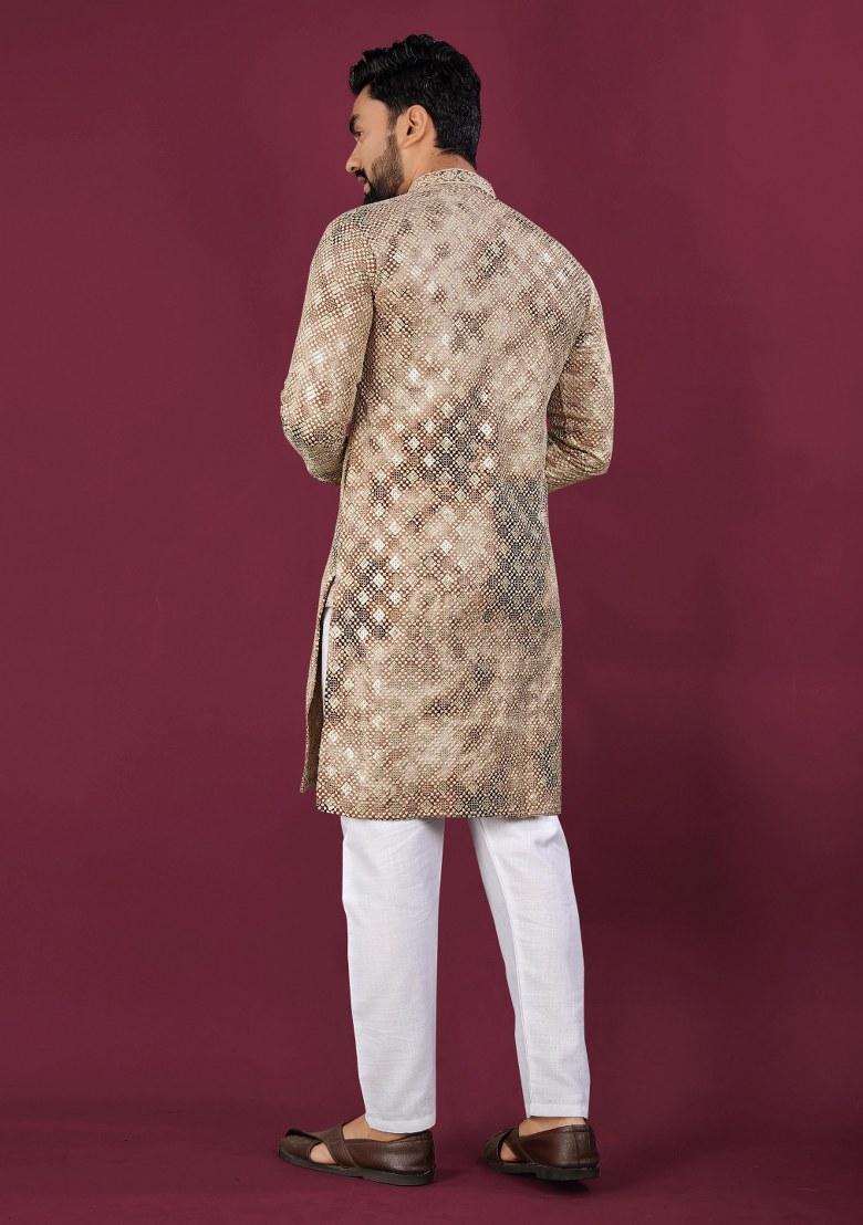 Beige Printed Viscose Rayon Kurta For Men - Indya