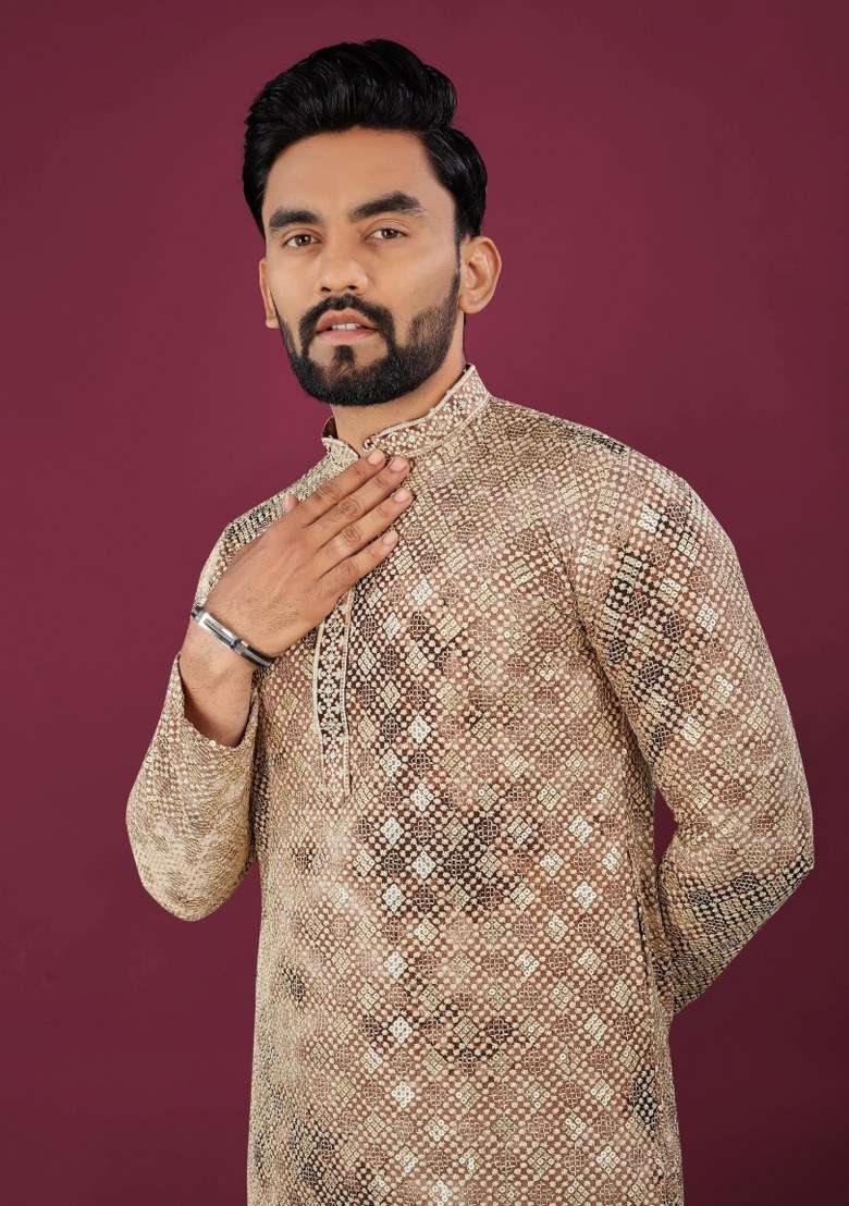Beige Printed Viscose Rayon Kurta For Men - Indya