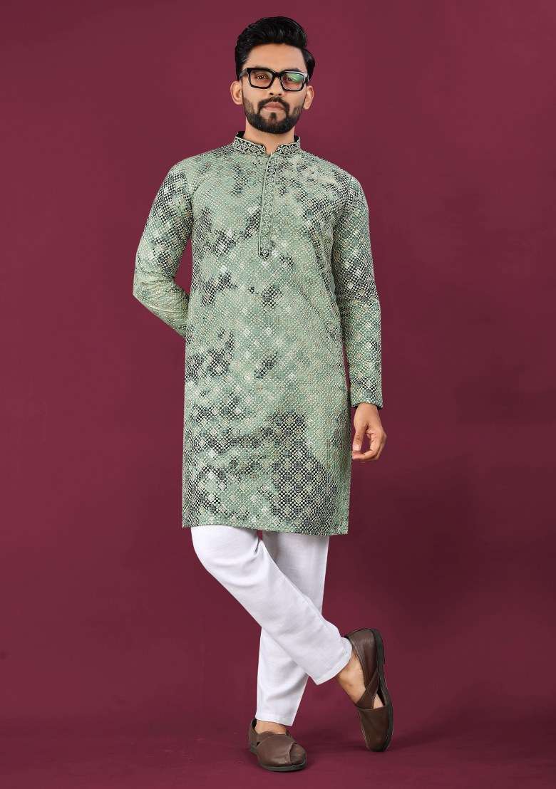 Green Printed Viscose Rayon Kurta For Men - Indya