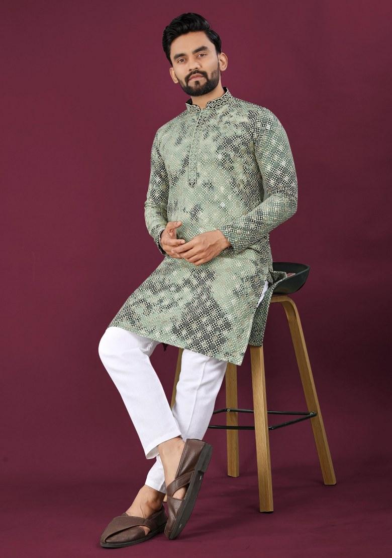Green Printed Viscose Rayon Kurta For Men - Indya