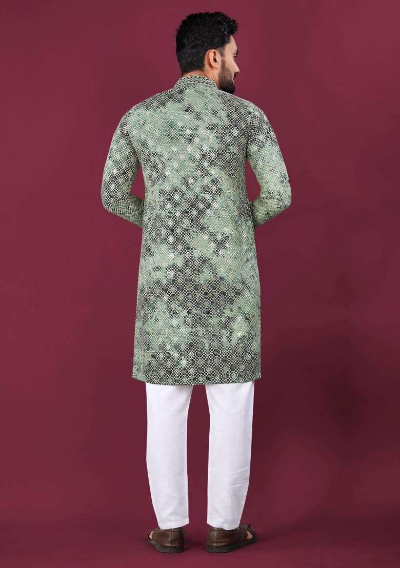 Green Printed Viscose Rayon Kurta For Men - Indya