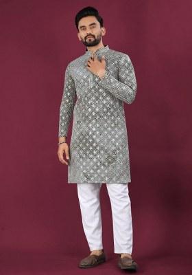 Grey Printed Viscose Rayon Kurta For Men
