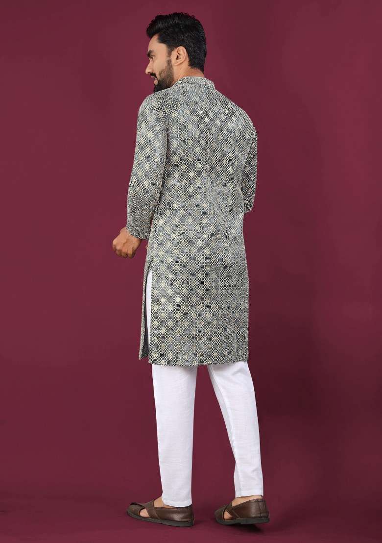 Grey Printed Viscose Rayon Kurta For Men - Indya