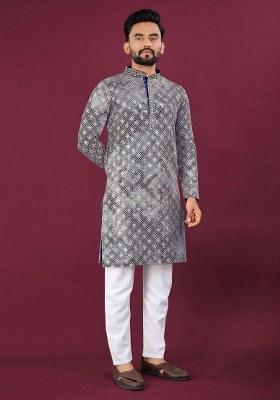 Blue Printed Viscose Rayon Kurta For Men