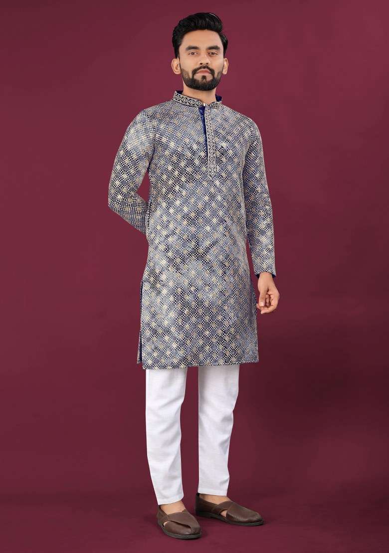 Blue Printed Viscose Rayon Kurta For Men - Indya