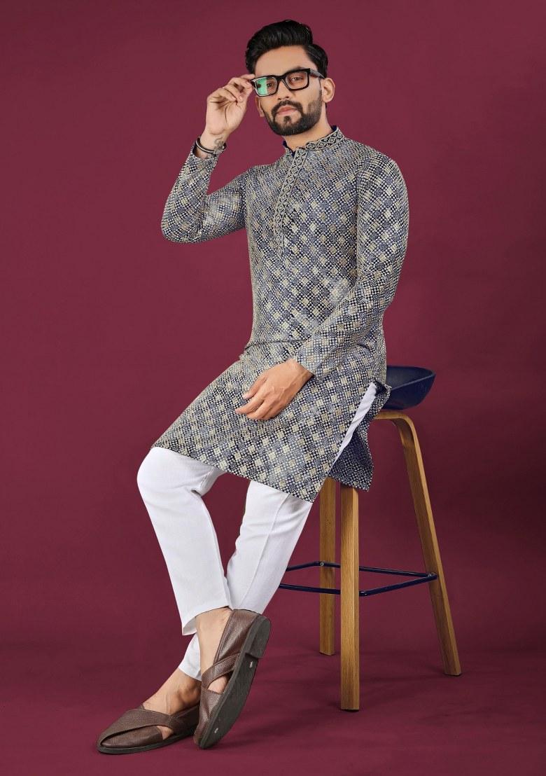 Blue Printed Viscose Rayon Kurta For Men - Indya
