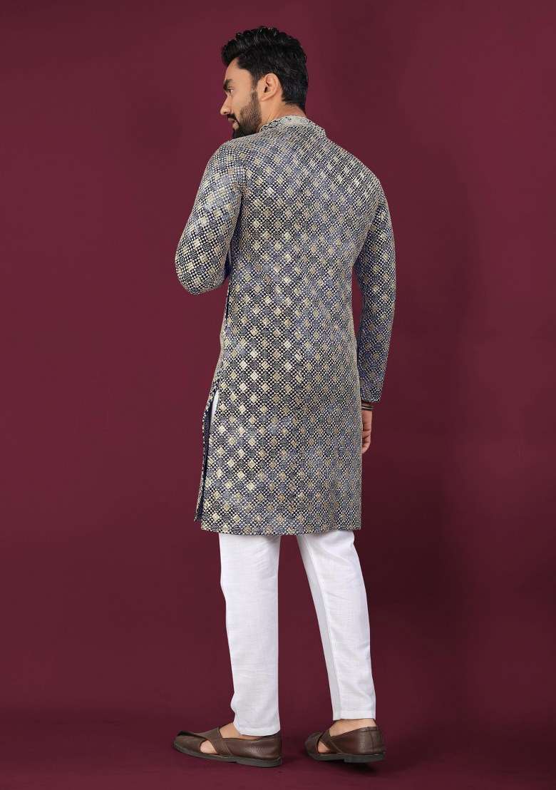 Blue Printed Viscose Rayon Kurta For Men - Indya