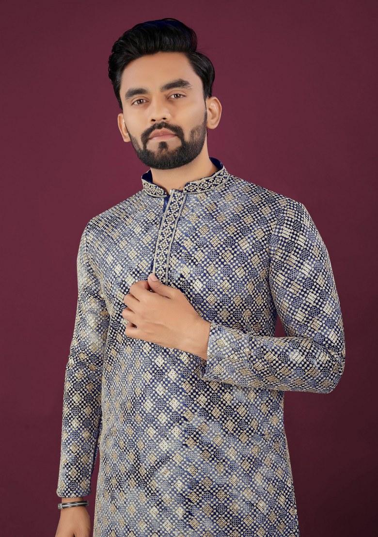 Blue Printed Viscose Rayon Kurta For Men - Indya