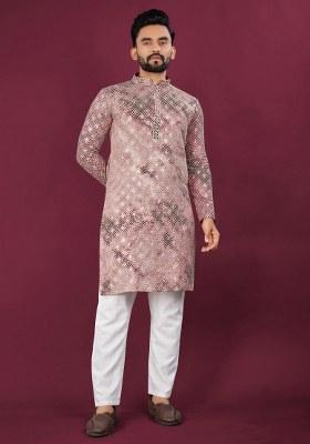 Pink Printed Viscose Rayon Kurta For Men