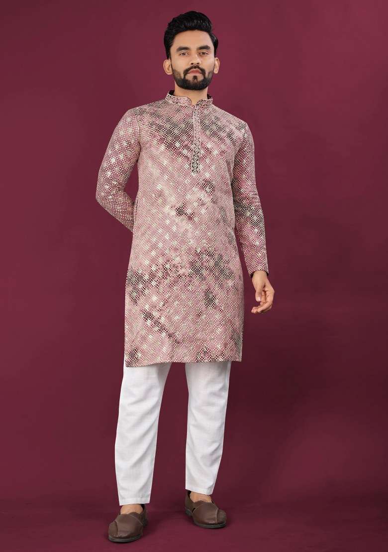 Pink Printed Viscose Rayon Kurta For Men - Indya