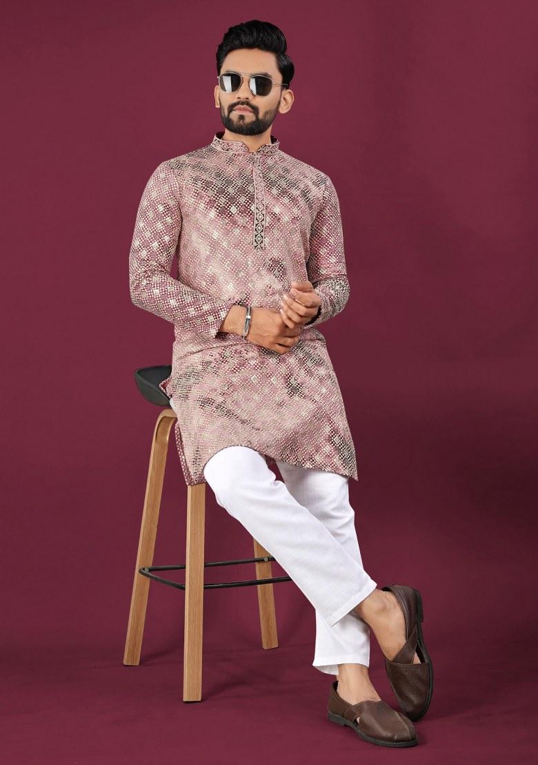 Pink Printed Viscose Rayon Kurta For Men - Indya