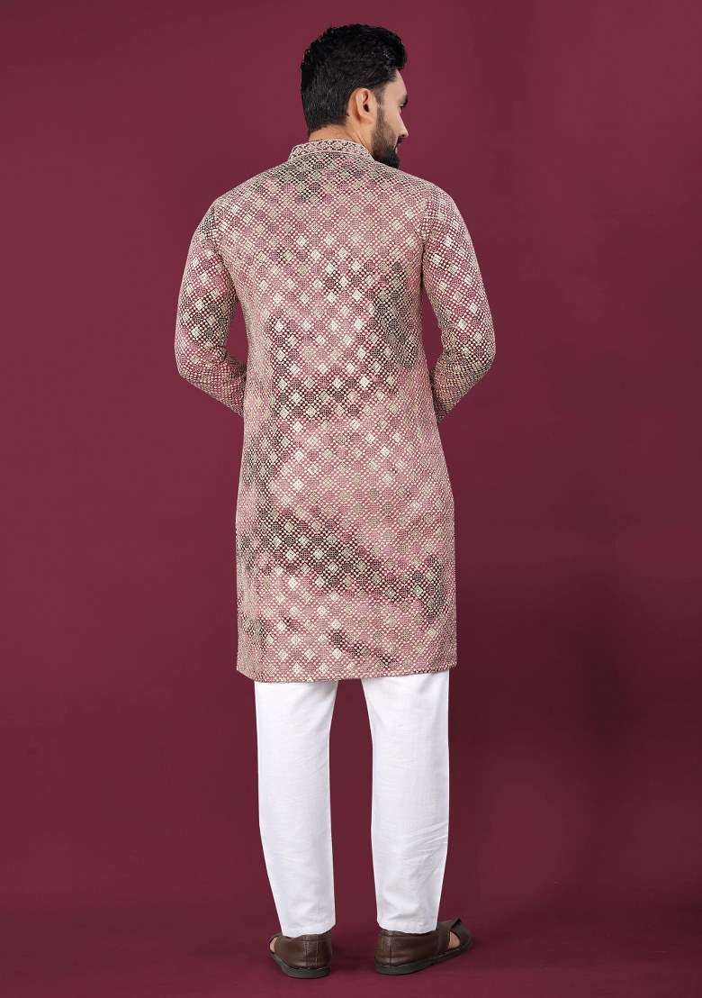 Pink Printed Viscose Rayon Kurta For Men - Indya