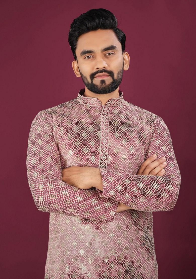 Pink Printed Viscose Rayon Kurta For Men - Indya