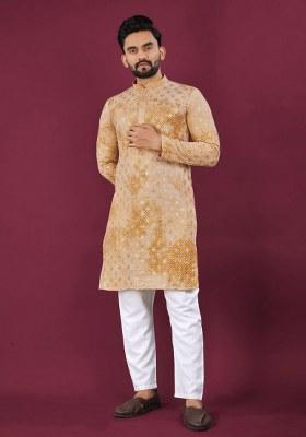 Yellow Printed Viscose Rayon Kurta For Men
