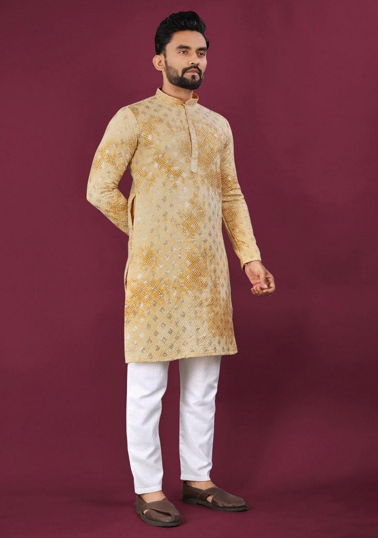 Yellow Printed Viscose Rayon Kurta For Men - Indya