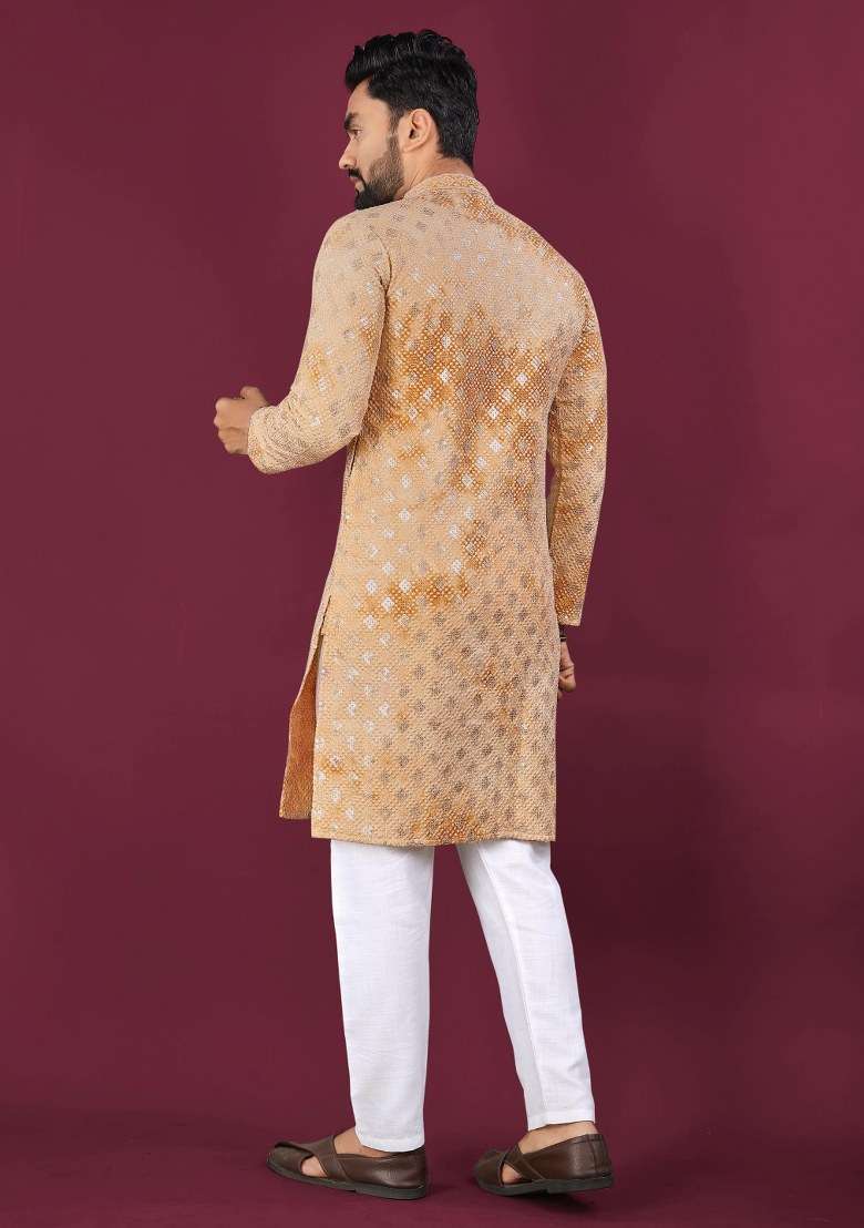 Yellow Printed Viscose Rayon Kurta For Men - Indya