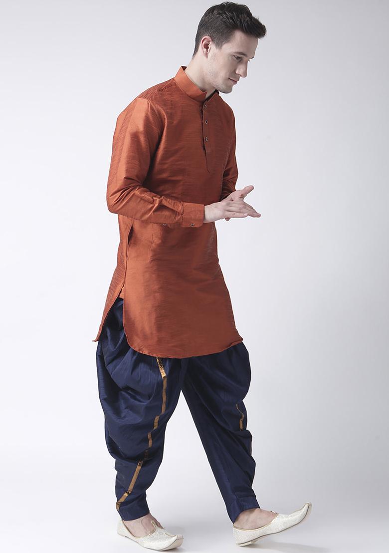 Dusty Rust Traditional Dupion Silk Kurta Set For Men - Indya