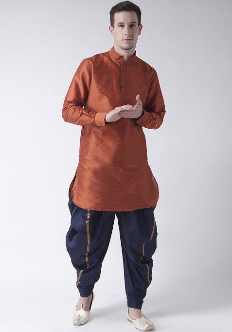Dusty Rust Traditional Dupion Silk Blend Kurta Set For Men