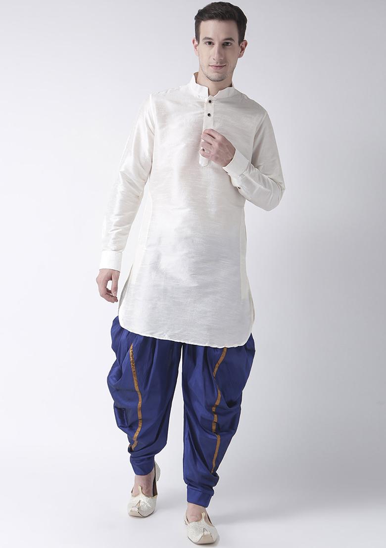 White Traditional Dupion Silk Kurta Set For Men - Indya