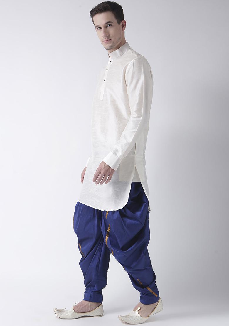 White Traditional Dupion Silk Kurta Set For Men - Indya