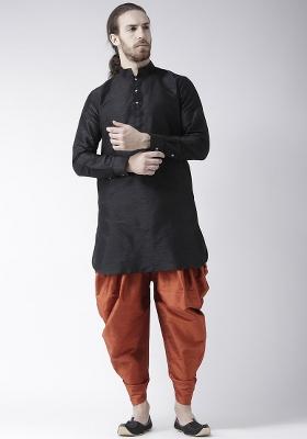 Black Traditional Dupion Silk Kurta Set For Men